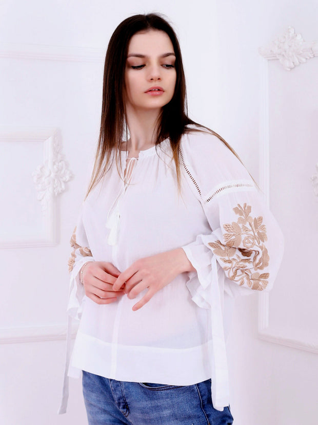 Tree of Life Blouse - White-Colored Fabric-FLORII-