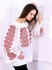 Magnifique Blouse - Ecru-Colored Fabric-FLORII-XL-Milano Red/Golden Thread