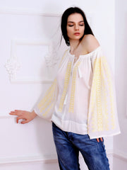 Flower Path Blouse - White-Colored Fabric-FLORII-XL-Buttery Yellow/White