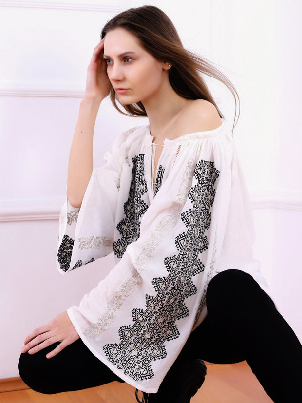 Magnifique Blouse - White-Colored Fabric-FLORII-XL-Black/Golden Thread