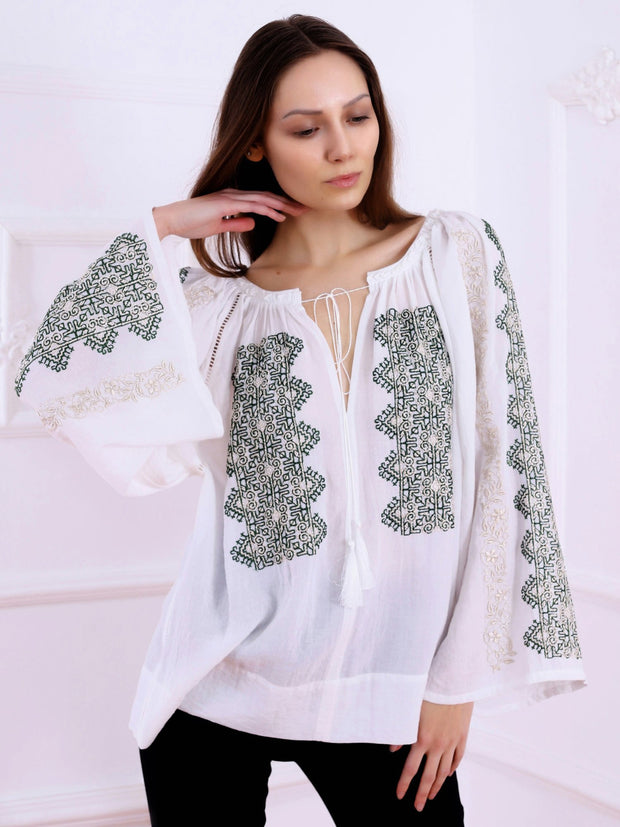 Magnifique Blouse - White-Colored Fabric-FLORII-XL-Emerald/Golden Thread