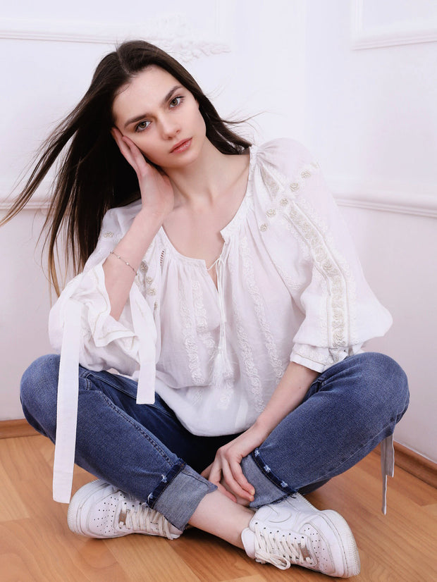 Sibiu Blouse - Ecru-Colored Fabric-FLORII-