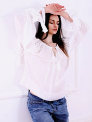 Roses Blouse - White-Colored Fabric-FLORII-XS-White