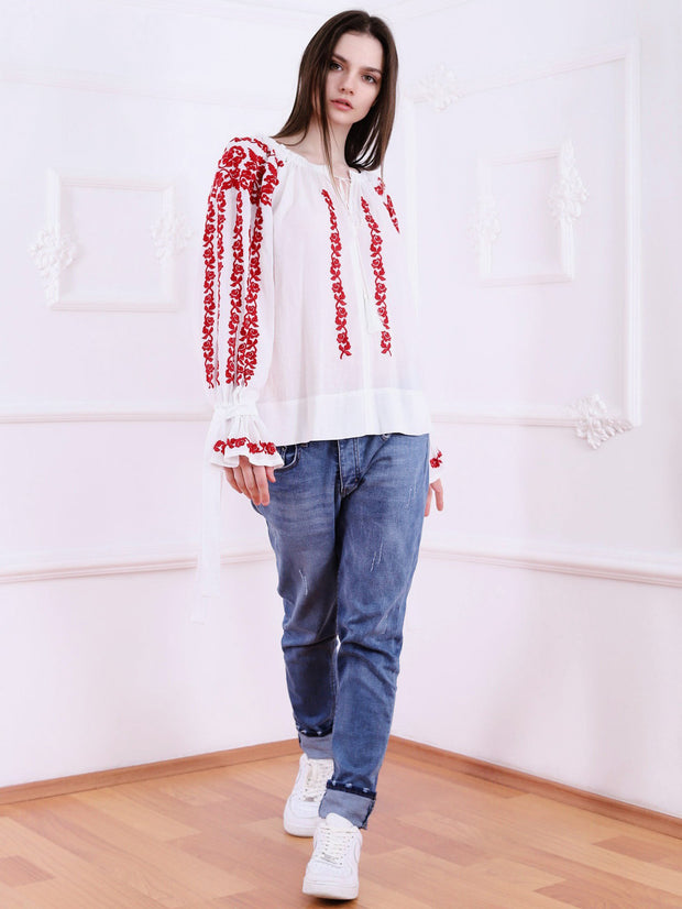 Roses Blouse - White-Colored Fabric