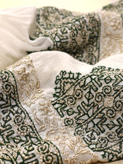 Royal Blouse - Ecru-Colored Fabric-FLORII-XL-Emerald/Golden Thread